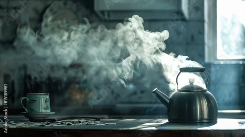 On a black background, a vintage-style photo captures a boiling kettle emitting steam, its whistle piercing the air.