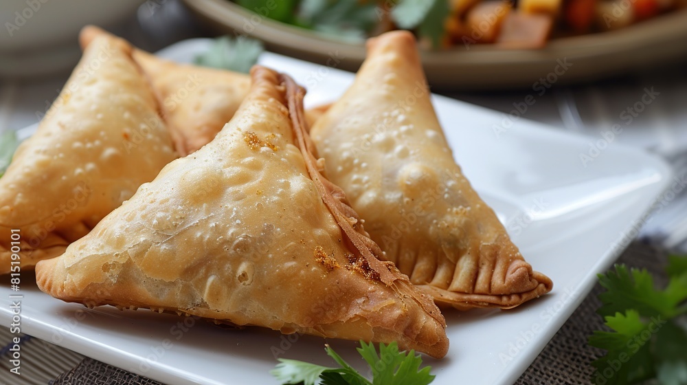 Veg Samosa, crispy and Indian triangle shape snack which has crisp outer layer. AI Generative Veg Samosa, crispy and Indian triangle shape snack which has crisp outer layer. AI Generative