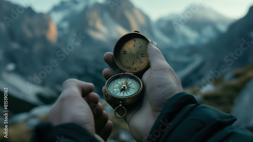 Close-up of a compass in the hand of a man against the background of blurred mountains. Orientation by compass. Retro outdoor style. Banner photo