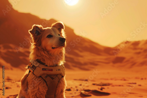 Dog dressed as a cosmonaut on the background of the planet mars. Space travel concept. photo