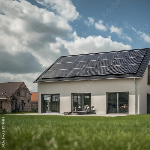 Modern economical house with solar panels on the roof photo