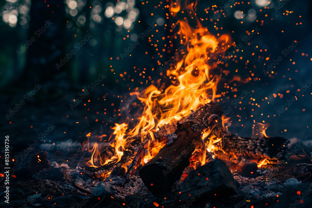 A vibrant hot and luminous camping fire burning fiercely in the middle of a dense forest A vibrant hot and luminous camping fire burning fiercely in the middle of a dense forest