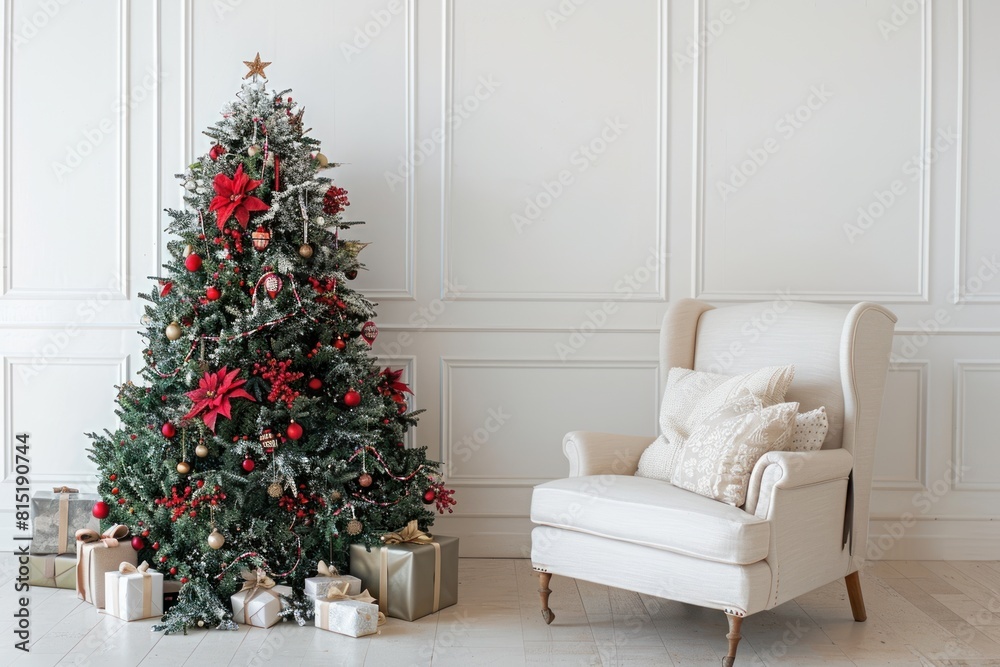 A white chair sits in front of a Christmas tree. The tree is decorated with red and gold ornaments and a star on top A white chair sits in front of a Christmas tree. The tree is decorated with red and gold ornaments and a star on top