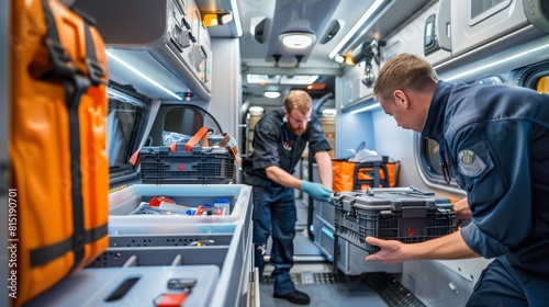 Emergency medical technicians preparing equipment in an ambulance