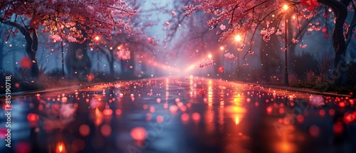 Night fantasy street scene featuring wet asphalt  sakura trees  smoke  smog  fog.
