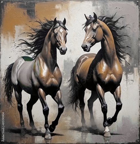 Modern painting  abstract  metal elements  texture background  animals  horses  