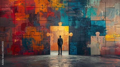 In an intriguing interior setting, a man stands before an abstract, colorful puzzle door, symbolizing themes of future, choice, success, direction, opportunity, and solution.