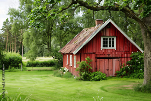 Storage shed for gardening tools in a beautiful green botanical garden.
