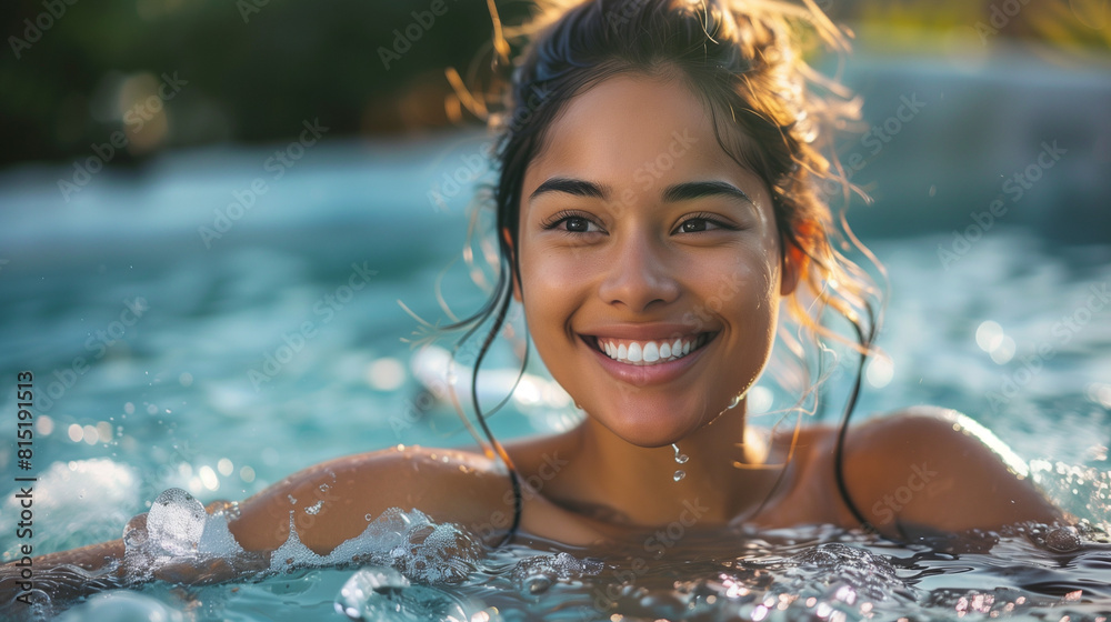 Happy young multi-ethnic woman swimming in a sunny pool