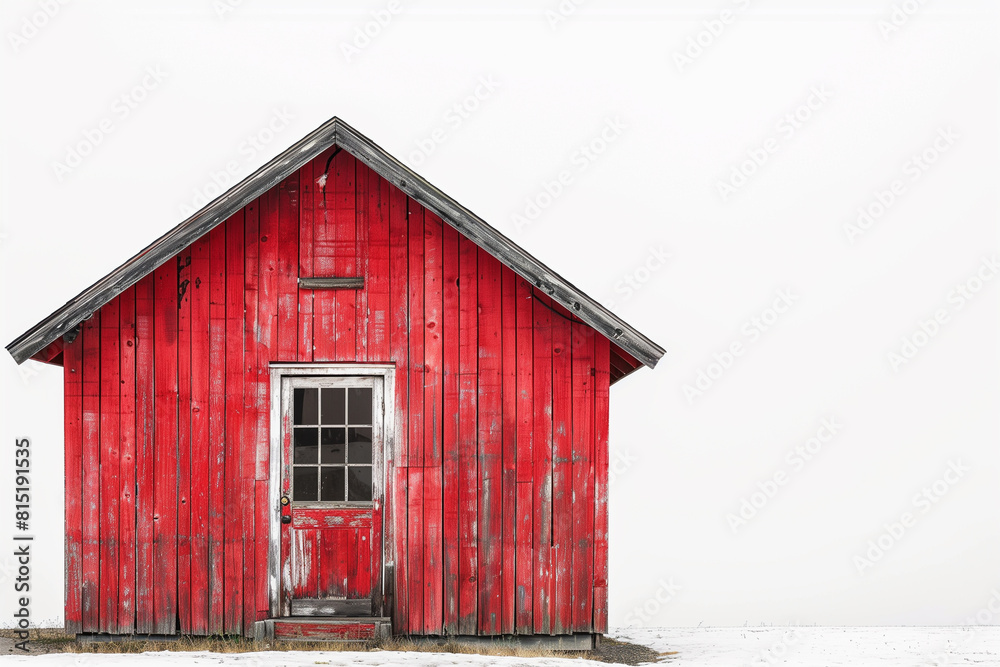 Old small red wooden village house built of planks isolated on white.
