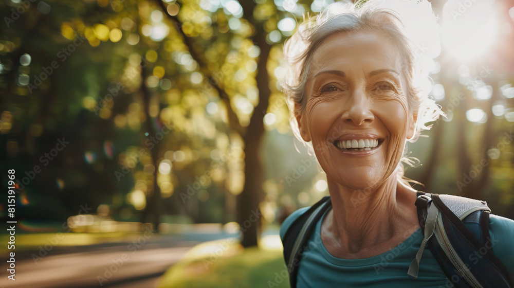 Senior female runner with white teeth smiling as she jogs along a tree-lined path in the park Senior female runner with white teeth smiling as she jogs along a tree-lined path in the park