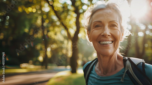 Senior female runner with white teeth smiling as she jogs along a tree-lined path in the park photo