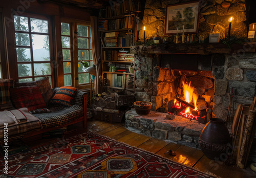 Fireplace with crackling flames