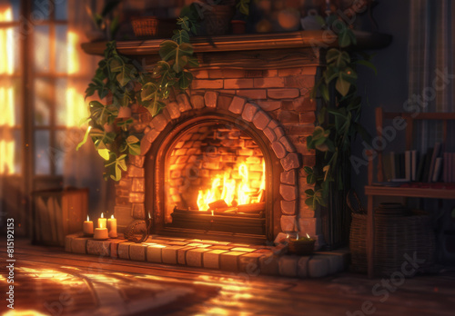 Fireplace with crackling flames