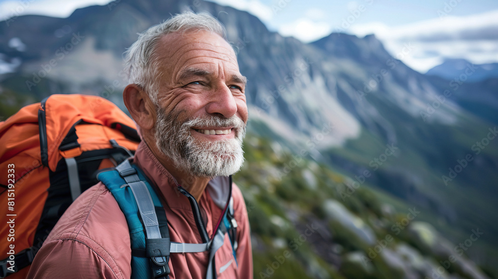 Shot of a senior male hiker smiling as he enjoys the scenic view from a mountain summit Shot of a senior male hiker smiling as he enjoys the scenic view from a mountain summit