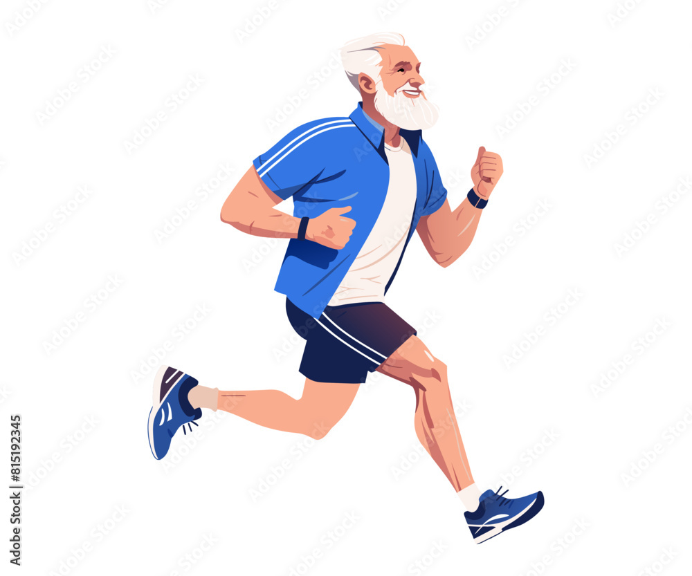 Senior man running in sportswear. Active sports, run, maintaining healthy lifestyle. An elderly person moves towards longevity and well-being. Cartoon illustration Isolated on transparent background