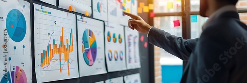 business person pointing at business data graphs