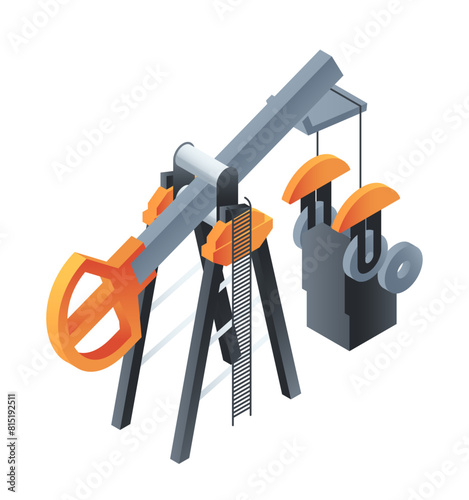 An isometric oil pump, highlighting the concept of extractive industry, oil production, oil industry, engineering. Vector illustration isolated on white background