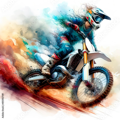 Motocross, motocross race, motorcycle at full speed in watercolor photo