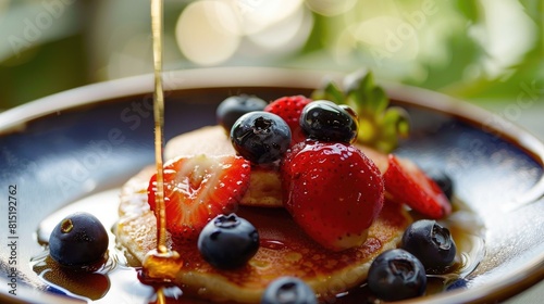 Indulge in a delightful dish of mini oatmeal pancakes topped with juicy blueberries and ripe strawberries Enjoy pancake porridge by scooping up mini pancakes in a bowl drizzling them with m photo