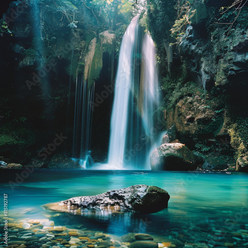 Majestic waterfall cascading into a crystal-clear pool © Rabil