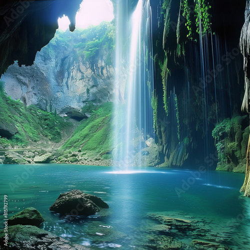 Majestic waterfall cascading into a crystal-clear pool