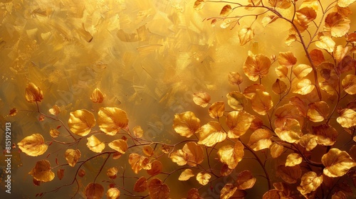 Featuring flowers and leaves, this abstract oil painting technique is fashionable to wear anywhere in the house. Luminous golden texture. Posters, wall papers, cards, murals, carpets are all popular photo
