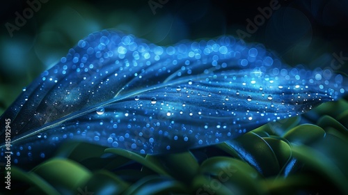 Abstract illustration of blue water droplets falling from a leaf of a green plant. Low poly design with a blue geometric background. Wireframe structure of the light connection. Modern 3D photo