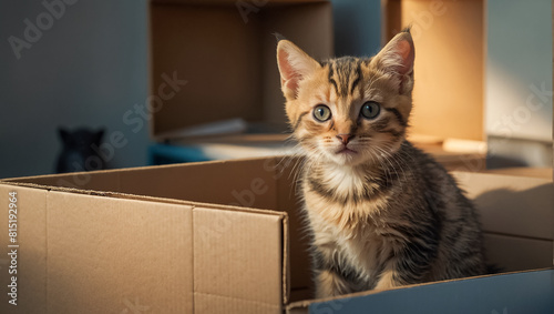 Cute cat, box in the apartment