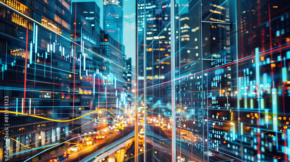 An abstract financial diagram on office buildings background. Stock markets concept An abstract financial diagram on office buildings background. Stock markets concept