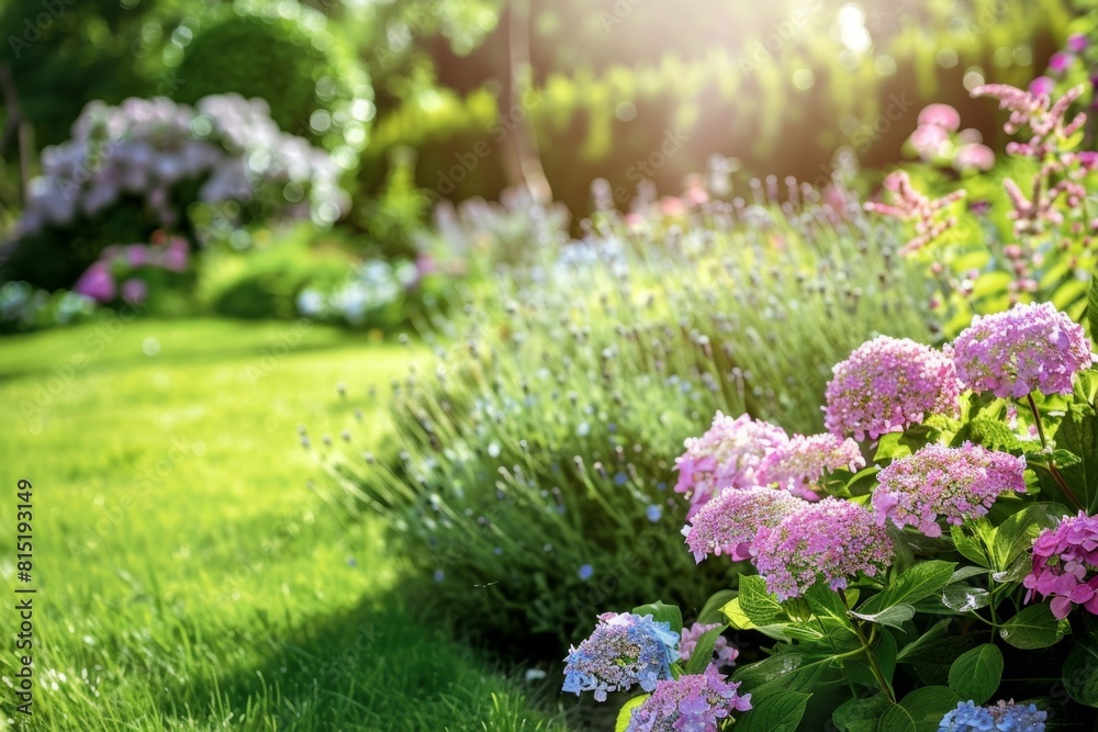 Obraz premium A lush, well-maintained garden with hydrangeas and sage plants in the foreground, surrounded by green grass under bright sunlight Generative AI