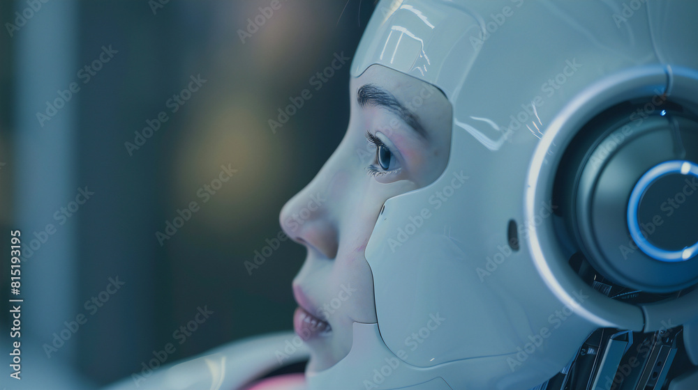 Lifelike Female Android Portrait with Expressive Eyes in a Futuristic Setting Lifelike Female Android Portrait with Expressive Eyes in a Futuristic Setting