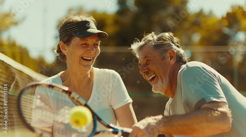 a cheerful senior couple playing tennis on a sunny afternoon at a local court
