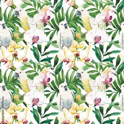 orchid, white parrot, green, watercolor, fabric pattern, fashionable seamless, textile, background, illustration photo