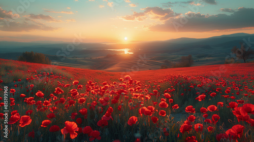 The landscape of red blooms of poppy field against the setting sun