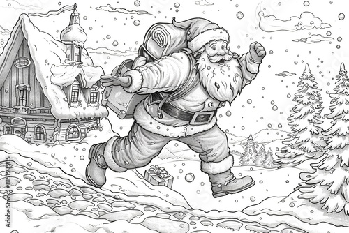 This black and white coloring page features a cartoon version of Santa Claus with a big belly  rosy cheeks  and a white beard