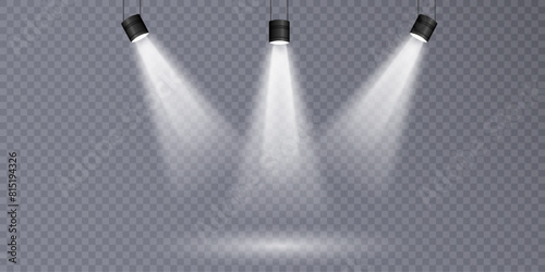 Vector spotlights with bright white light to illuminate the stage. Spotlight with bright white light. Vector spotlight for studio. Vector illustration