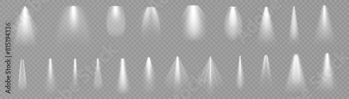 Set of vector isolated spotlight light effects. White glowing spotlight on a transparent background. Vector 10 EPS