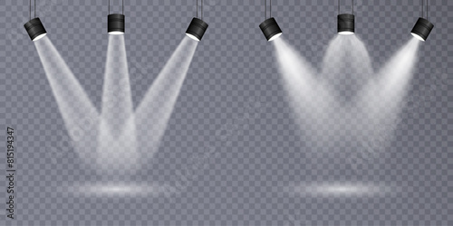 Vector spotlights with bright white light to illuminate the stage. Spotlight with bright white light. Vector spotlight for studio. Vector illustration
