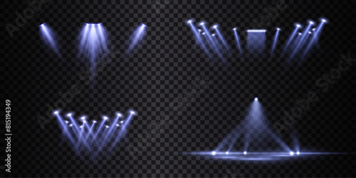 Vector bright stadium floodlights brightly illuminate sports games, concerts, shows, evening or night events. Isolated on transparent background. Set of bright spotlights. Vector	