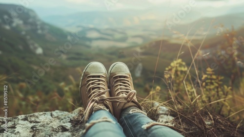 Traveller feet in sneakers surrounded at natural beauty, concept travel, color of vintage tone and