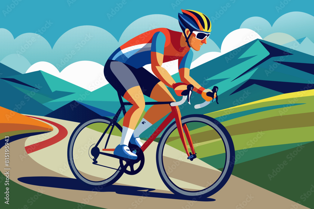 Fototapeta premium Cyclist racing on a road. Man on a bicycle. Vibrant graphic illustration. Concept of outdoor sports, adventure cycling, fitness, active lifestyle. Print, design elemen