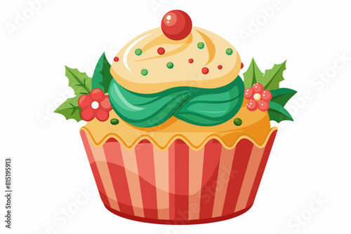 Colorful Christmas cupcake with festive decoration isolated on white background. Graphic illustration. Concept of Christmas baking  festive desserts  New Year pastry. Print  design element