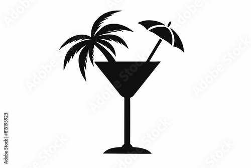Silhouette design of a tropical cocktail glass with umbrella decoration. Icon of beach drink. Black illustration isolated on white background. Print, logo, pictogram. Concept of vacation, beach drinks