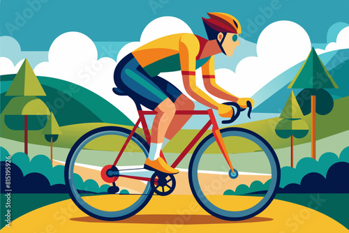 Cyclist racing on a road. Man on a bicycle. Vibrant graphic illustration. Concept of outdoor sports, adventure cycling, fitness, active lifestyle. Print, design elemen © Jafree