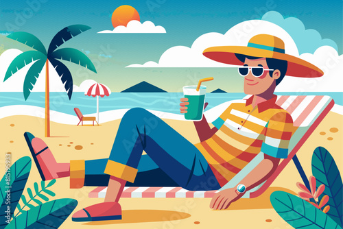 Man enjoying tropical drink on sunny beach. Guy with refreshing cocktail. Concept of summer leisure, beach relaxation, vacation vibes. Graphic illustration. Print, design