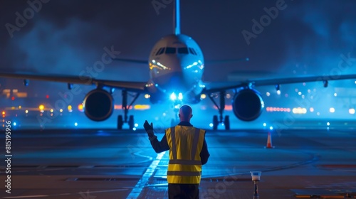 Airport runway at night with ground crew directing an airplane. Created with Generative AI.