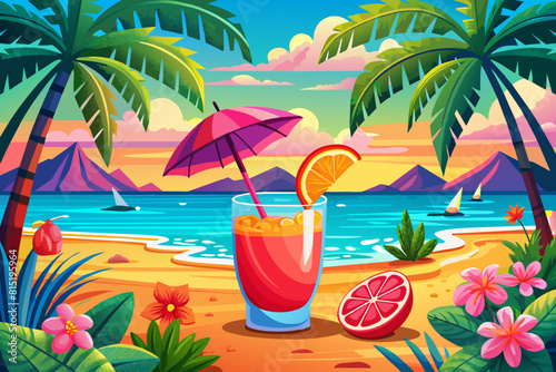 Refreshing tropical cocktail against tropical ocean backdrop. Vibrant drink in natural setting. Concept of summer drinks, refreshing beverages, exotic cocktails, leisure. Graphic art