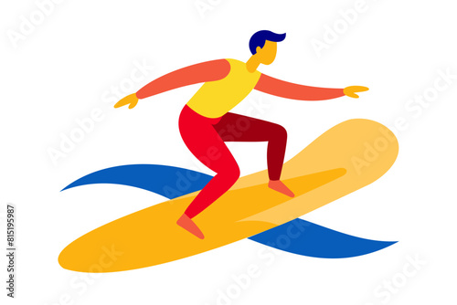Man surfing on a vibrant waves. Surfer on a colorful surfboard riding a wave. Concept of water sports, action, vacation. Graphic illustration. Print, design. Isolated on white background