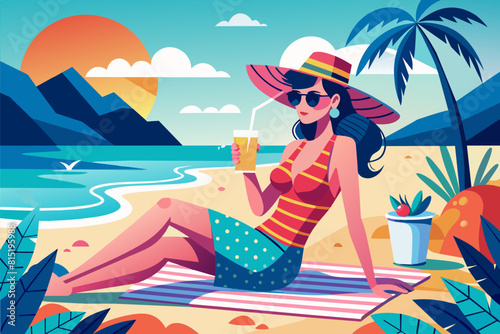 Woman enjoying tropical drink on sunny beach. Young lady with refreshing cocktail. Concept of summer leisure, beach relaxation, vacation vibes. Graphic illustration. Print, design